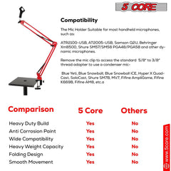 5Core Microphone Boom Arm Desk Mic Stand Adjustable Clamp Suspension Boom Stands RED
